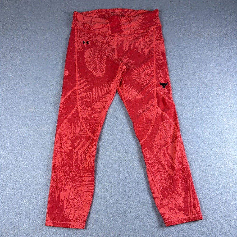 Under Armour Project Rock Leggings Womens Large Red Floral Print Ankle Crop 7/8
